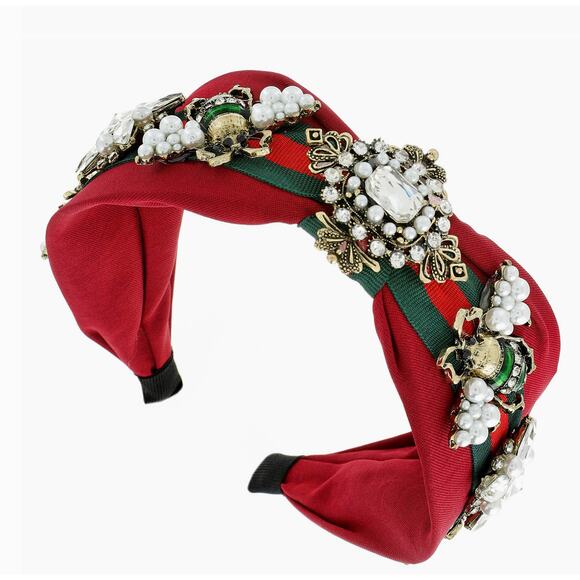 Elegant Red Headband with Pearls Crystals and Bee Details Fashion Hairband - Picture 1 of 4